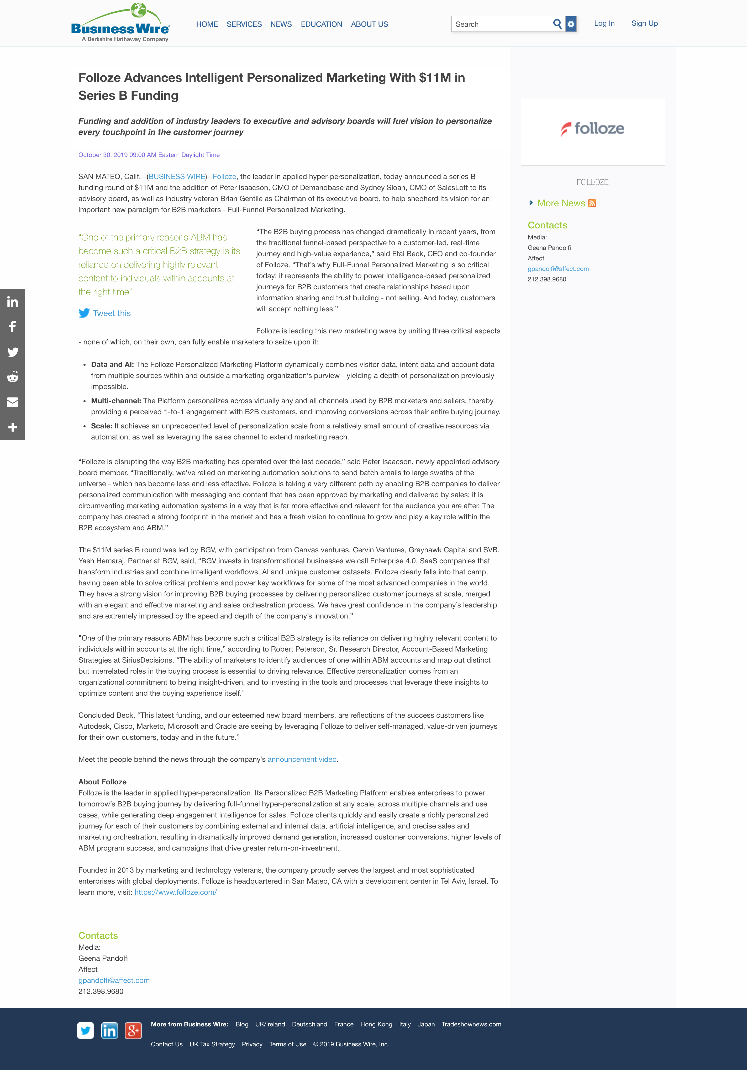 Folloze Advances Intelligent Personalized Marketing With $11M in Series B Funding